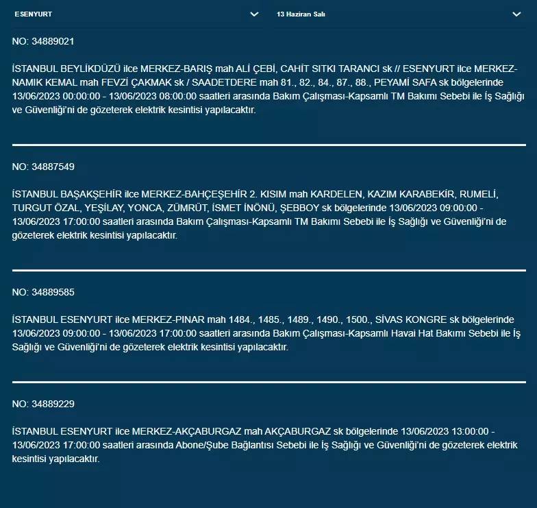 İstanbul'da Yarın O İlçelerde Saatlerce Elektrik Kesintisi Olacak! 13 Haziran 2023 Elektrik Kesintisi 14
