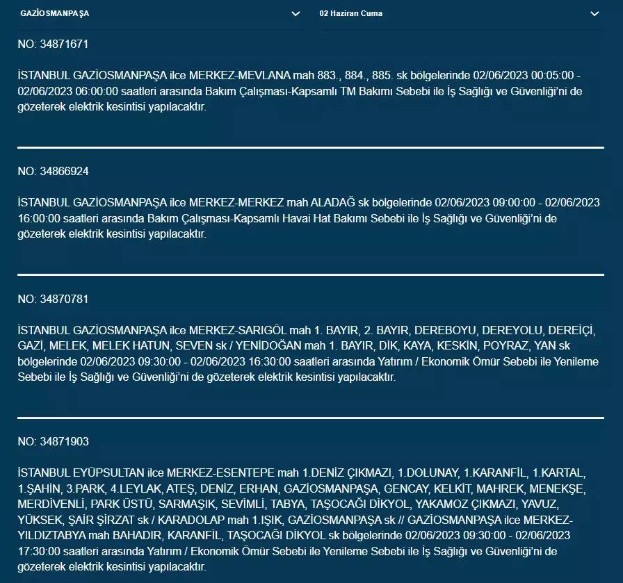 İstanbul'da O İlçelerde Elektrik Kesintisi Var! 02 Haziran 2023 Cuma 7