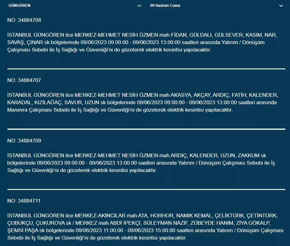 İstanbullular Dikkat! Yarın O İlçelerde Elektrik Kesintisi Var! 09 Haziran 2023 Cuma Elektrik Kesintisi 17
