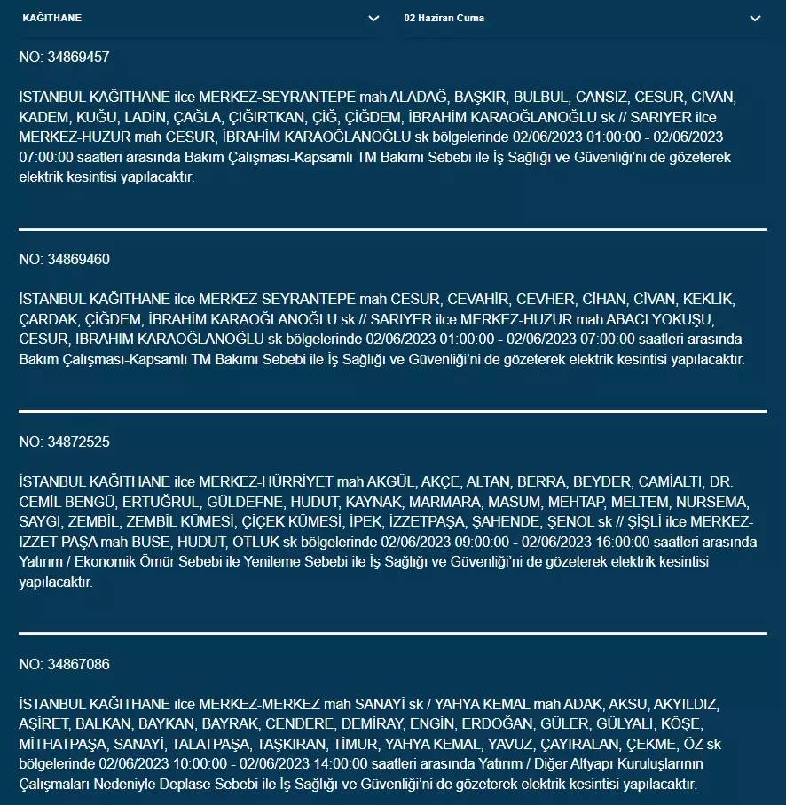 İstanbul'da O İlçelerde Elektrik Kesintisi Var! 02 Haziran 2023 Cuma 5