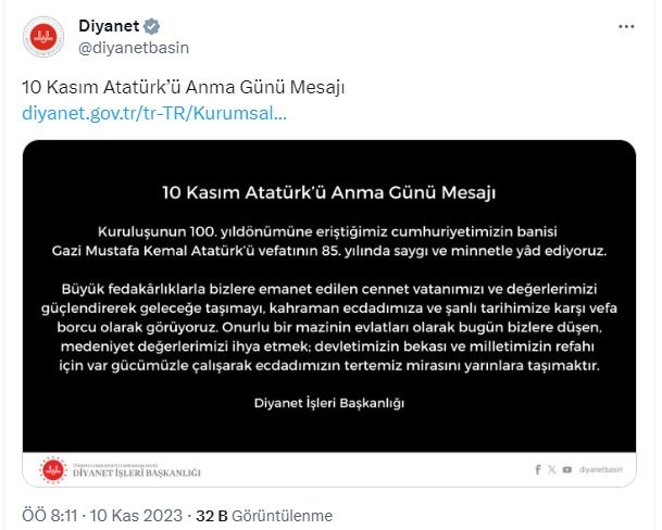 Diyanet'ten "10 Kasım" mesajı
