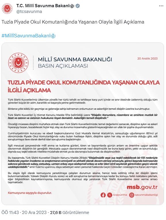 MSB'den 'Tuzla Piyade Okulu' açıklaması