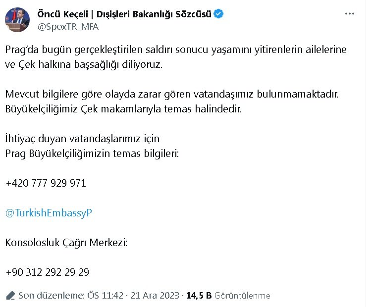 Dışişleri Bakanlığı'ndan Prag saldırısı açıklaması