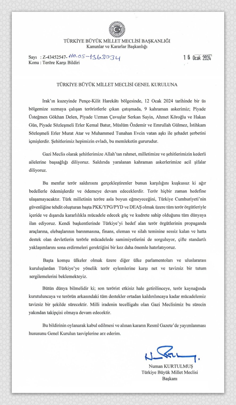 "Teröre karşı bildiri" tezkeresi TBMM'de kabul edildi