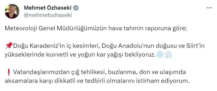 Bakan Özhaseki'den yoğun kar yağışı uyarısı