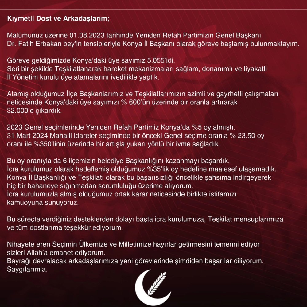 YRP'nin 6 ilçe kazandığı kentin il başkanı istifa etti