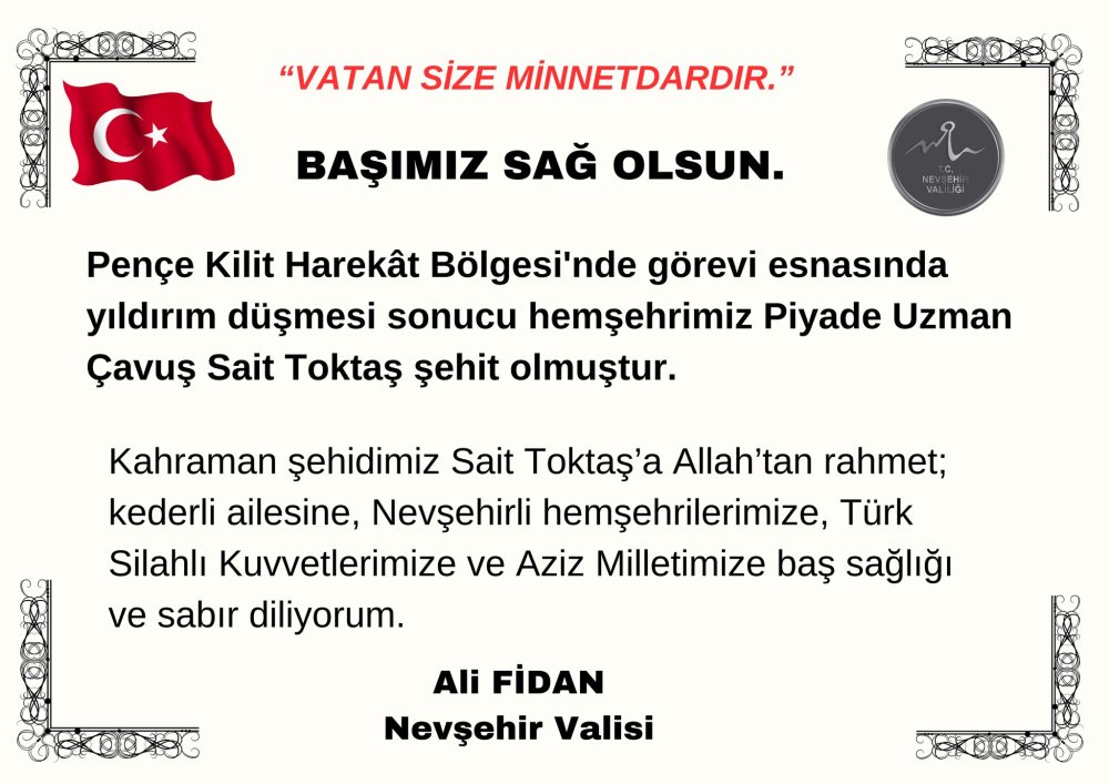 Nevşehir’e şehit ateşi düştü