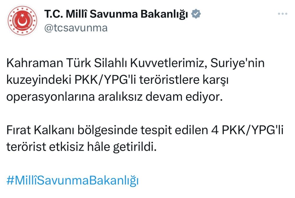 Fırat Kalkanı bölgesinde 4 terörist etkisiz hale getirildi