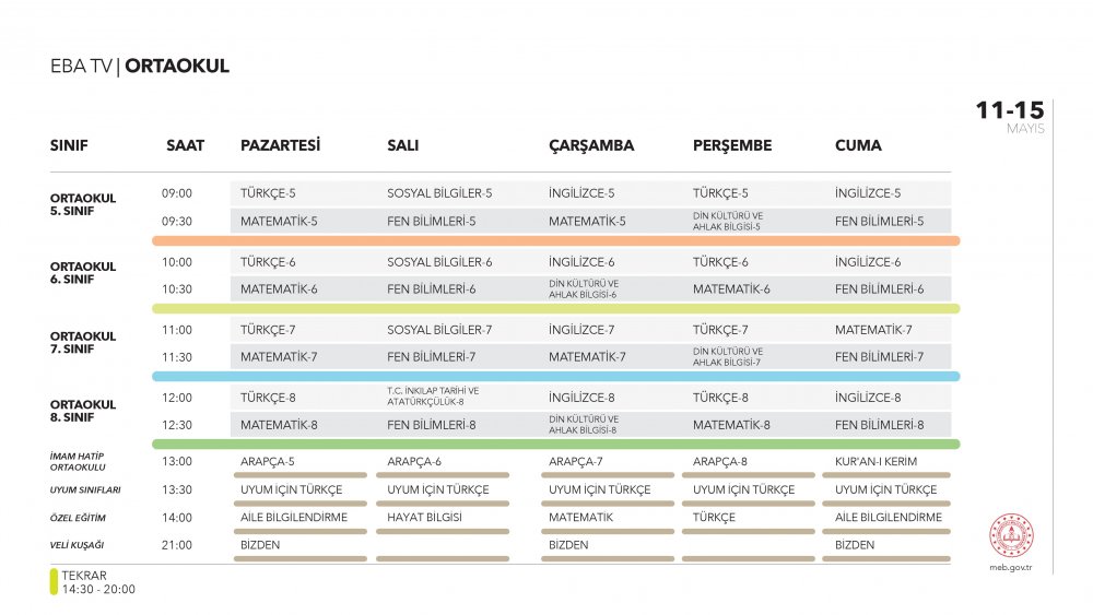 EBA TV 11 Mayıs Pazartesi ortaokul ders programı
