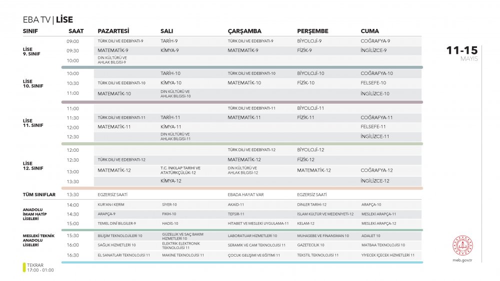 EBA TV 11 Mayıs Pazartesi lise ders programı