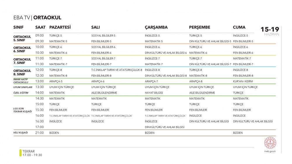 EBA TV 17 Haziran Çarşamba ortaokul ders programı
