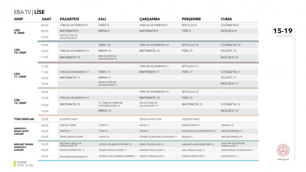 EBA TV 17 Haziran Çarşamba lise ders programı
