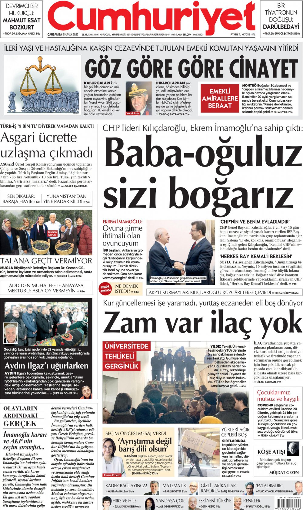 21 Aralık Çarşamba Cumhuriyet Gazetesi