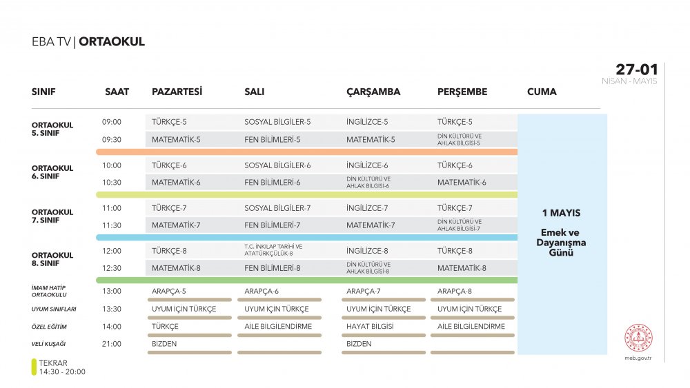 EBA TV 29 Nisan Çarşamba ortaokul ders programı