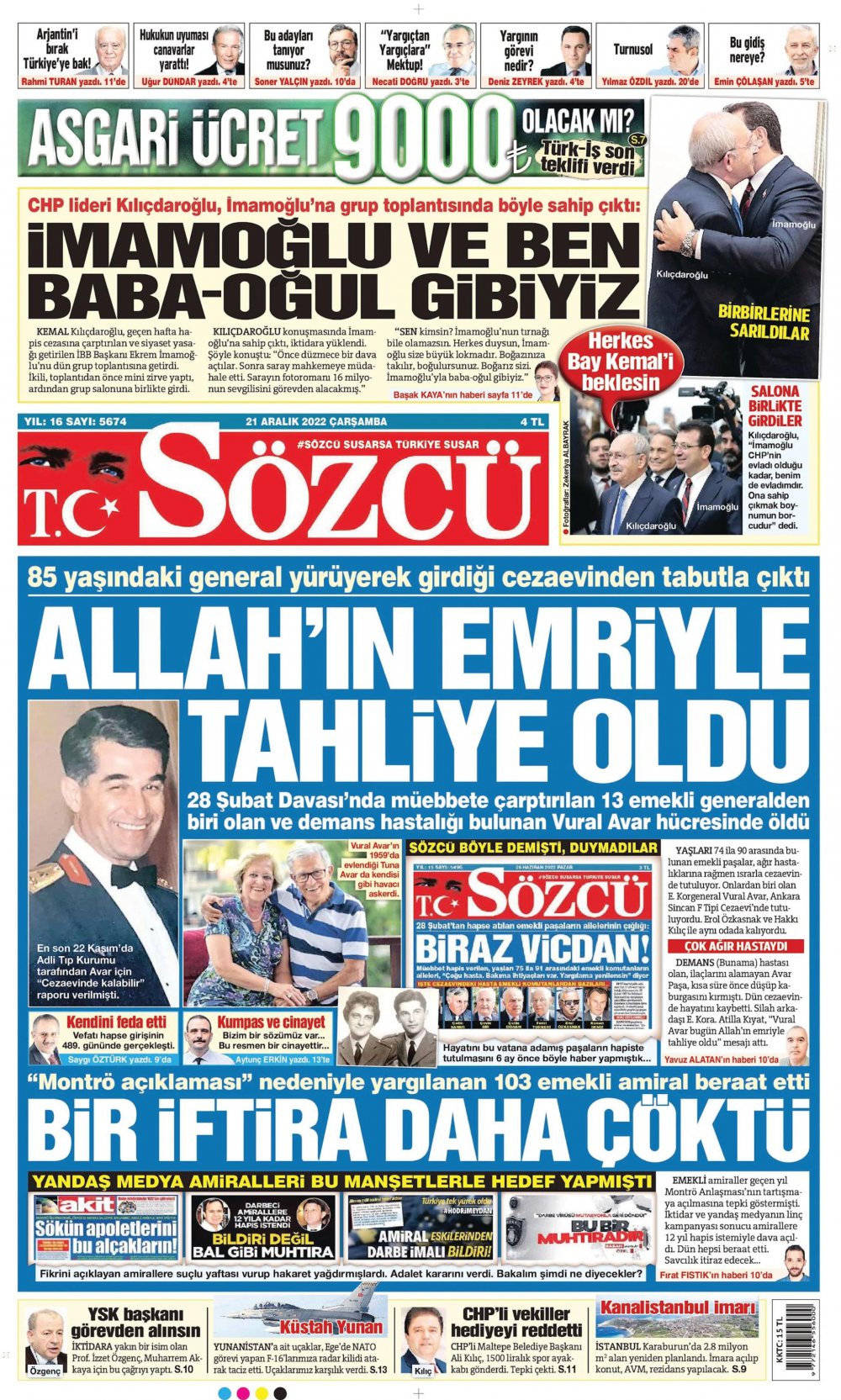 21 Aralık Çarşamba Sözcü Gazetesi