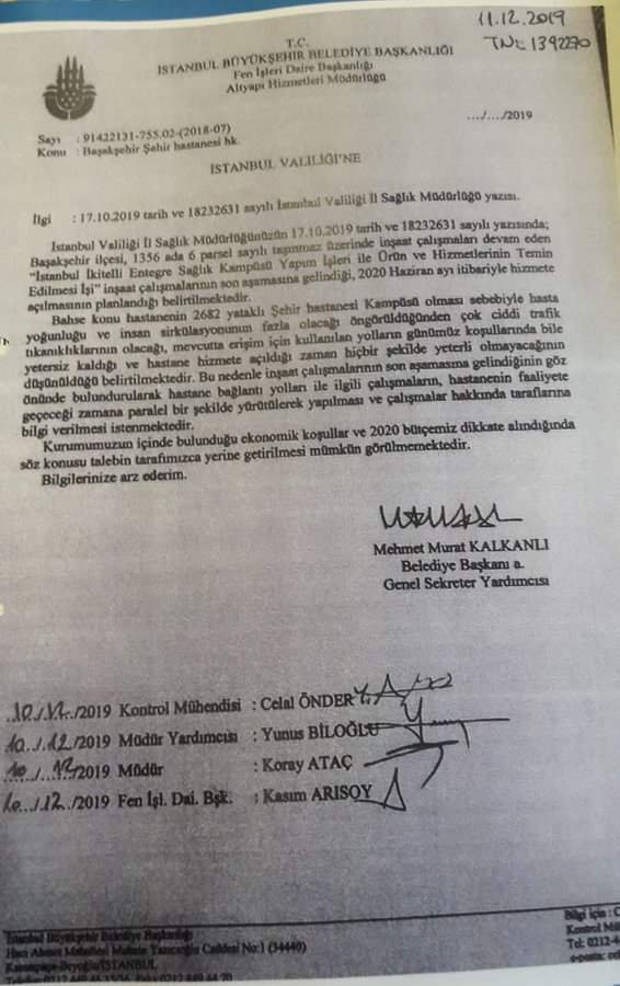 İstanbul Büyükşehir Belediyesi Genel Sekreter Yardımcısı Mehmet Murat Kalkanlı'nın İstanbul Valiliği'ne gönderdiği yazı