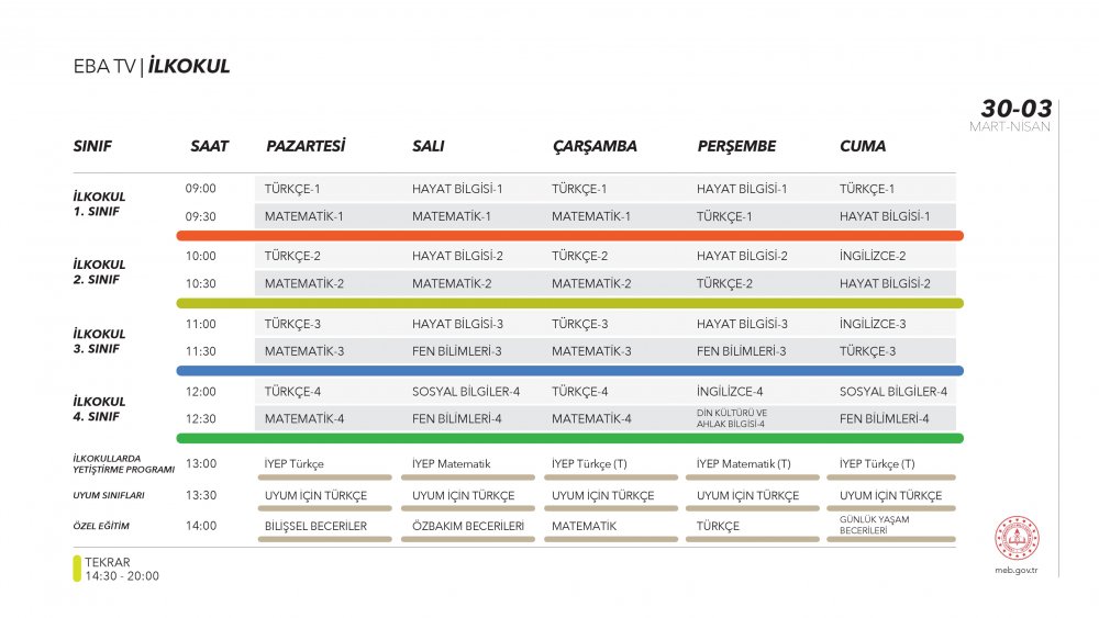 EBA TV 6-10 Nisan Pazartesi ilkokul ders programı