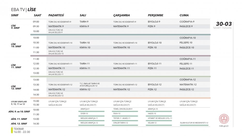 EBA TV 6-10 Nisan Pazartesi lise ders programı