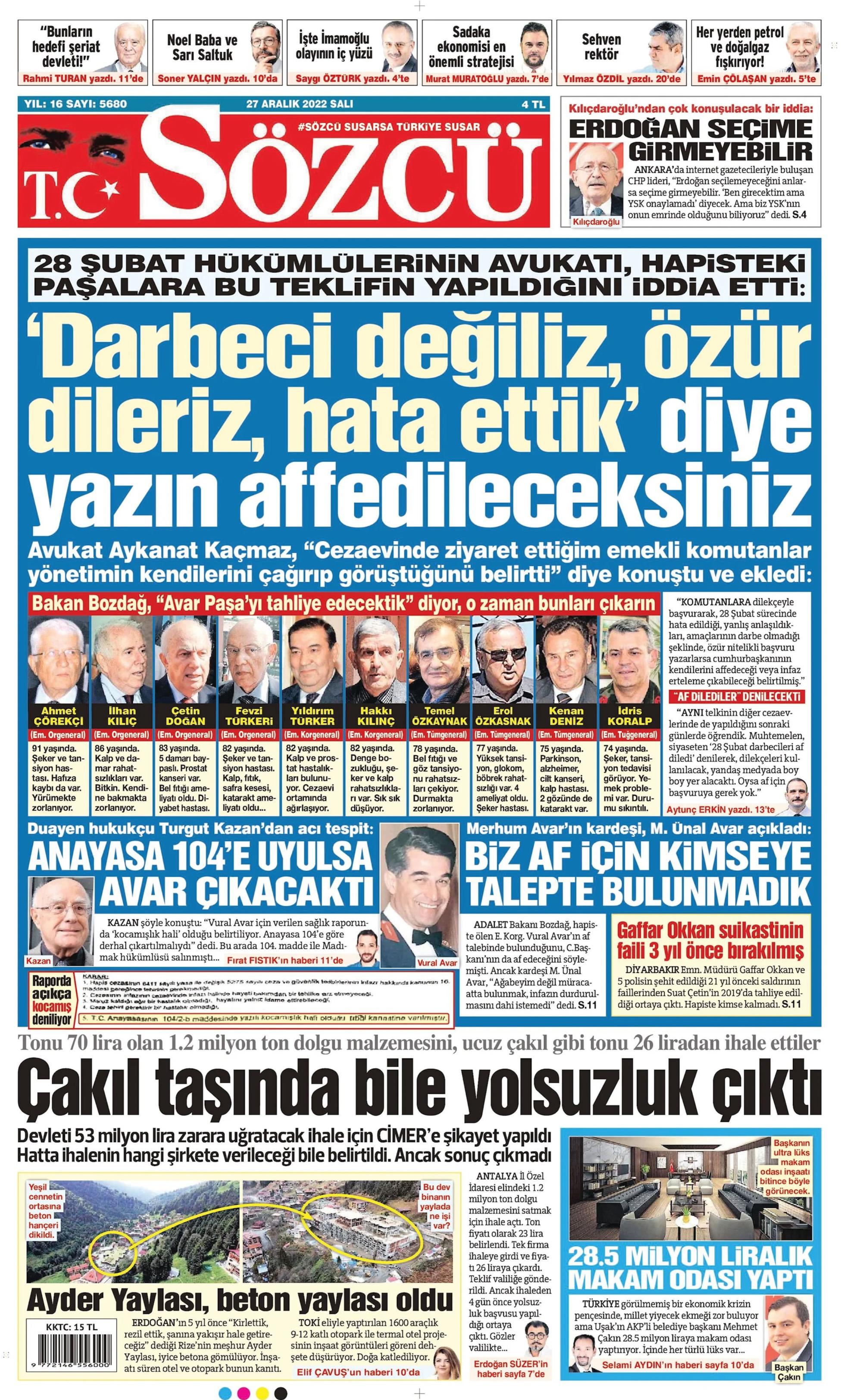 Sözcü 27 Aralık Salı