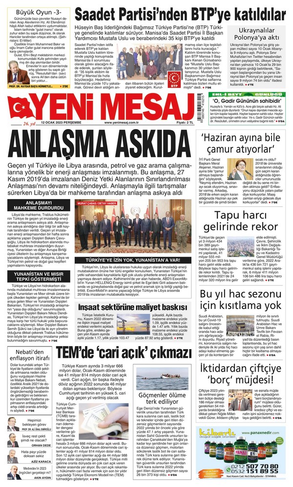 Yeni Mesaj Gazetesi 12 Ocak 2023, Perşembe Günü Manşeti