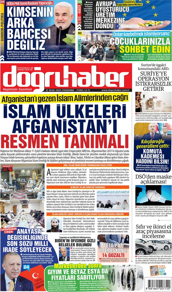 Doğruhaber Gazetesi 12 Ocak 2023, Perşembe Günü Manşeti