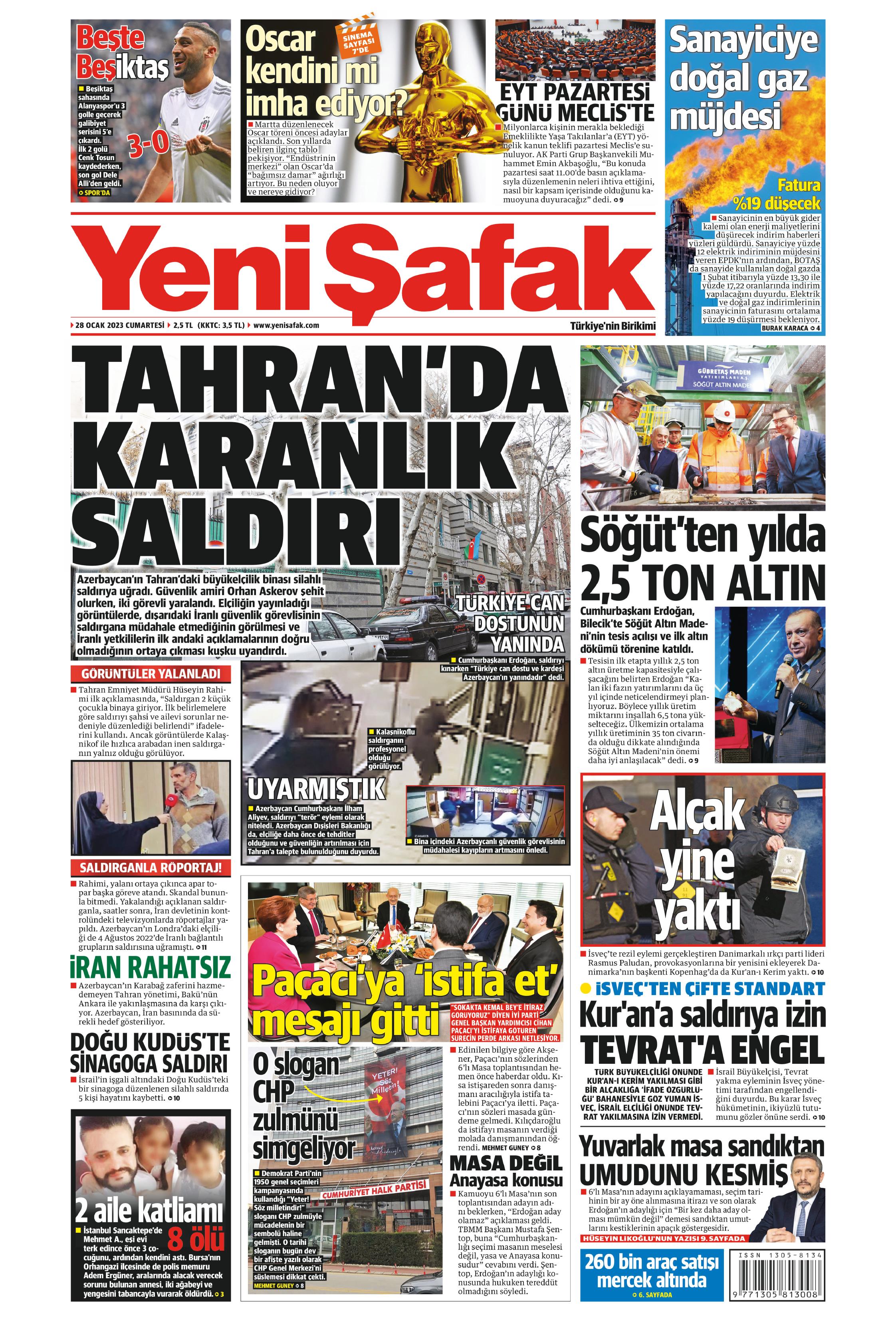 Yeni Şafak 28 Ocak 2023, Cumartesi Günü Manşeti