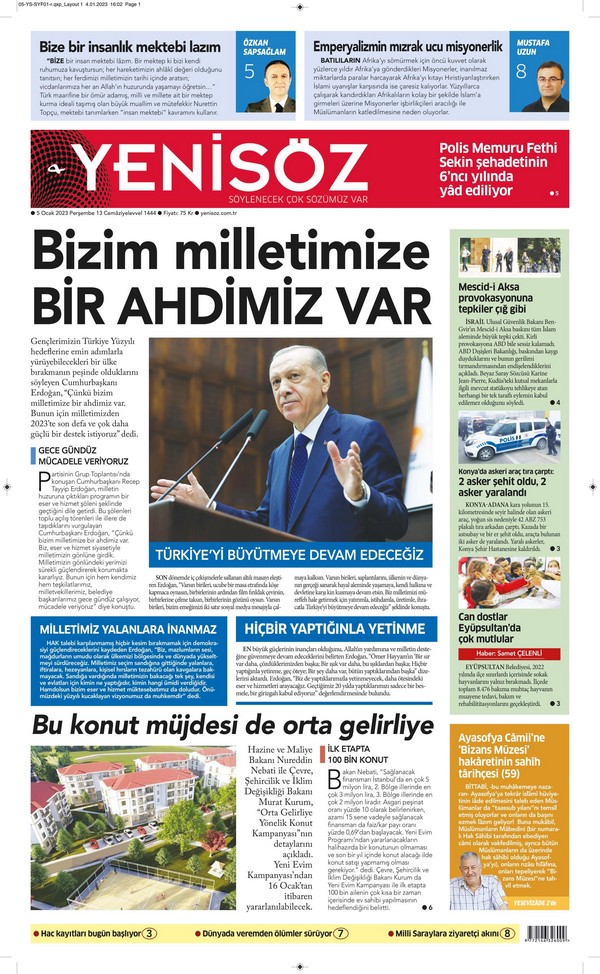 Yeni Söz Gazetesi 5 Ocak 2023, Perşembe Günü Manşeti