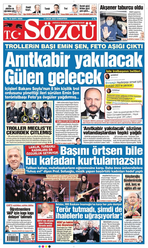 Sözcü Gazetesi 14 Ocak 2023, Cumartesi Günü Manşeti