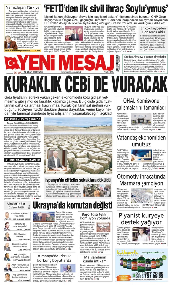 Yeni Mesaj Gazetesi 13 Ocak 2023, Cuma Günü Manşeti