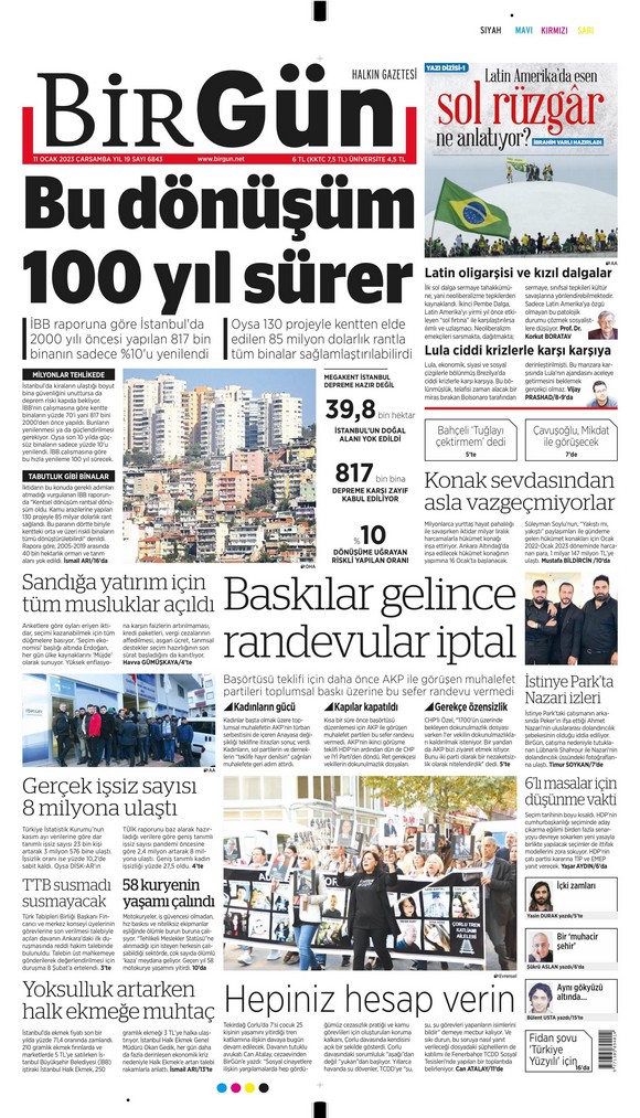Birgün Gazetesi 11 Ocak 2023, Çarşamba Günü Manşeti