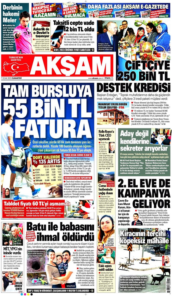 Akşam Gazetesi 7 Ocak 2023, Cumartesi Günü Manşeti