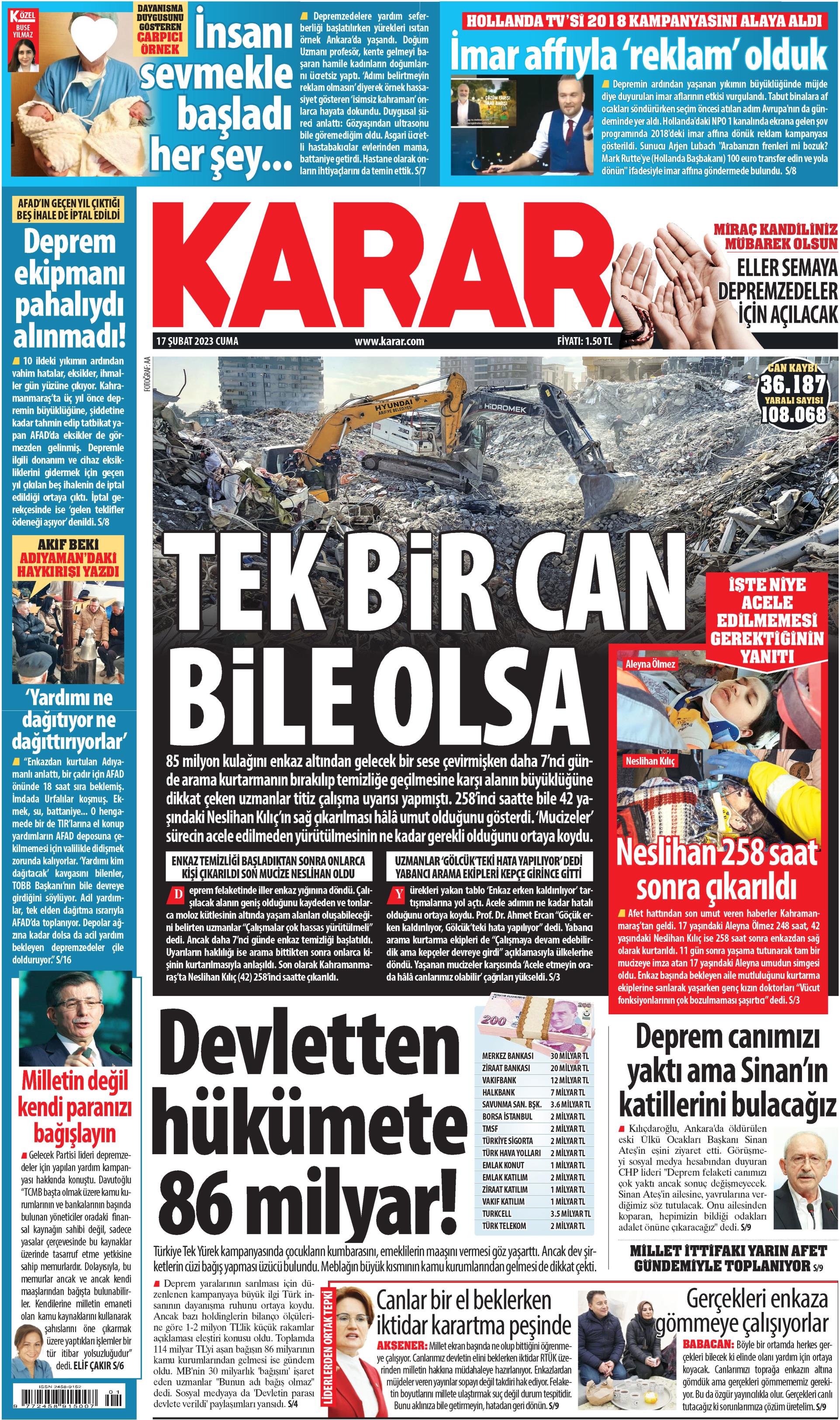 Karar Gazetesi 17 Şubat 2023, Cuma Günü Manşeti