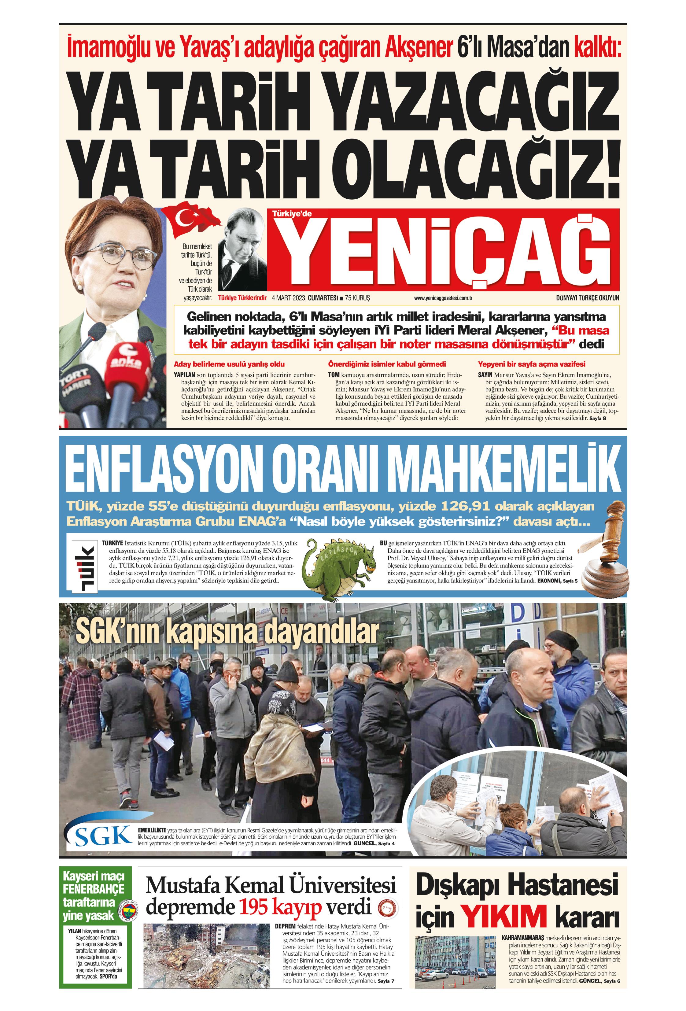 Yeniçağ Gazetesi 4 Mart 2023, Cumartesi Günü Manşeti