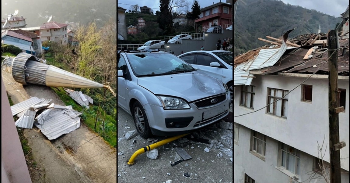 Rize'de fırtına çatıları uçurup araçlar, ağaçlar, duraklar ve tabelalara zarar verdi