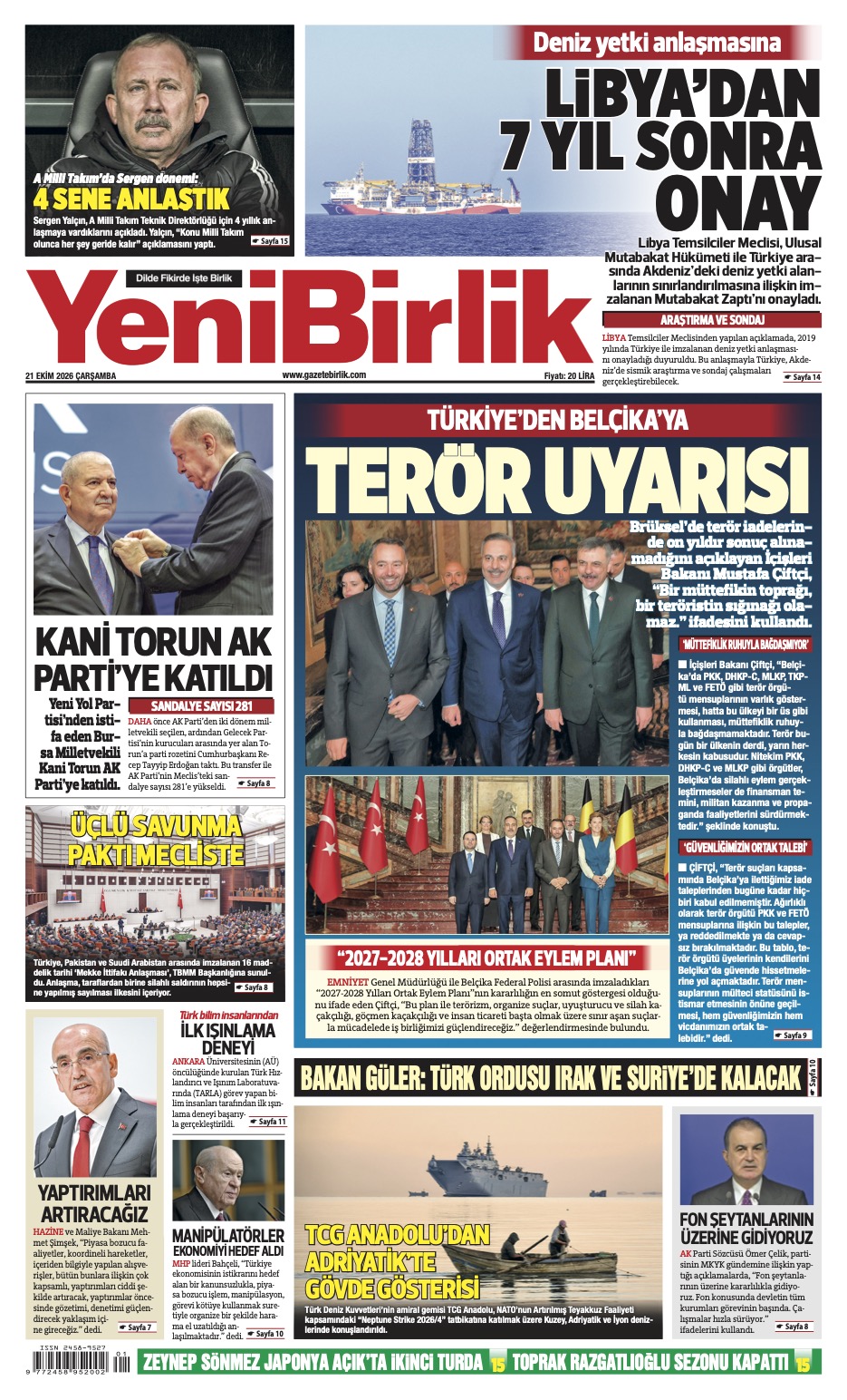 https://www.gazetebirlik.com/Yeni Birlik Gazetesi | 21 Ekim 2026