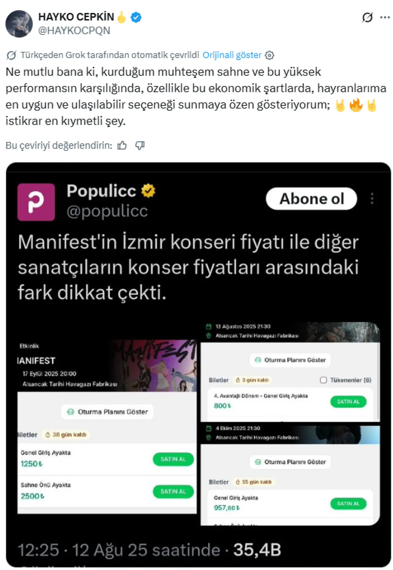 Manifest’in bilet fiyatı polemiği! Hayko Çepkin de dahil oldu 2