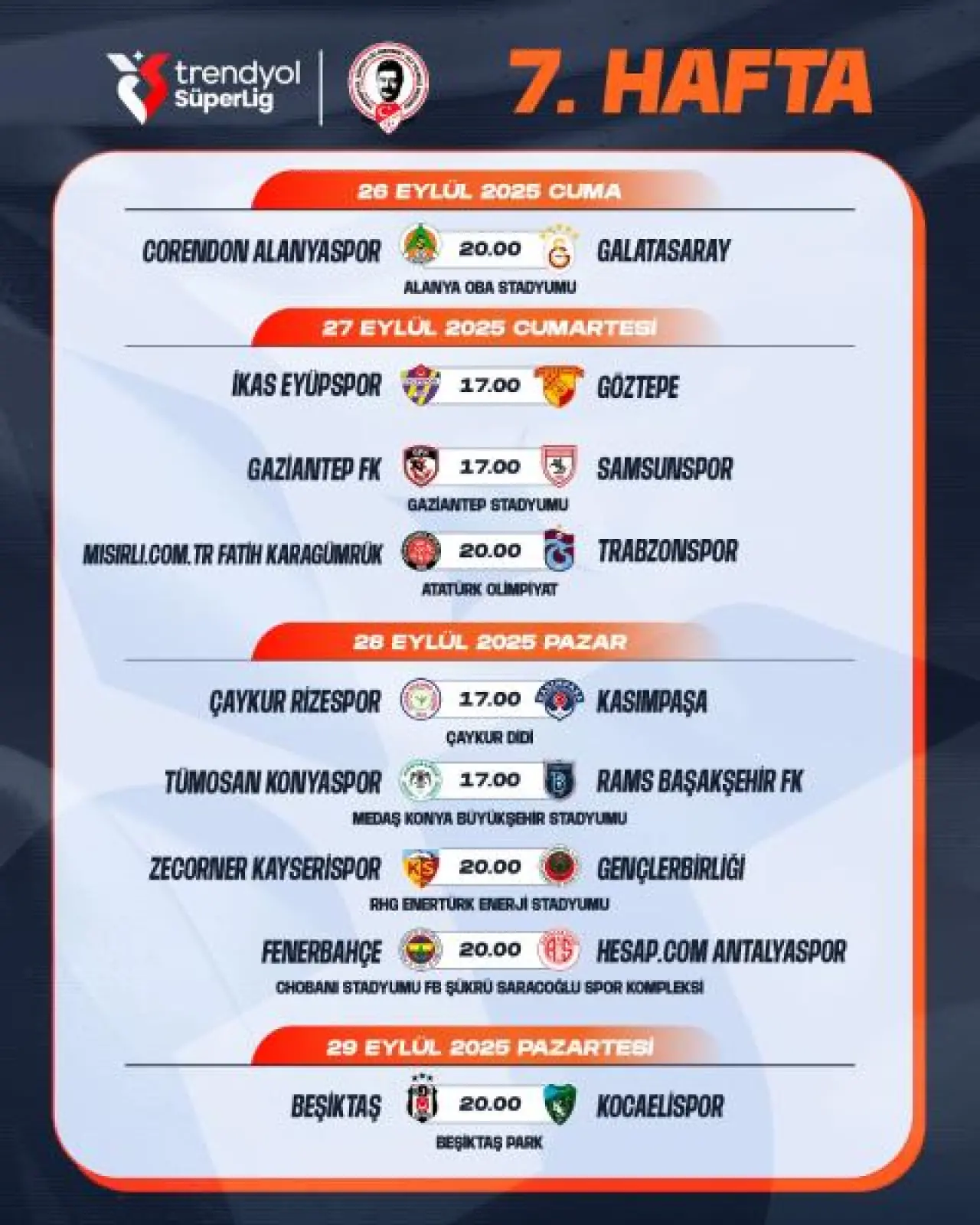 Trendyol Süper Lig’de 7. Haftadan 16. Haftaya kadar maç programı belli oldu! 2