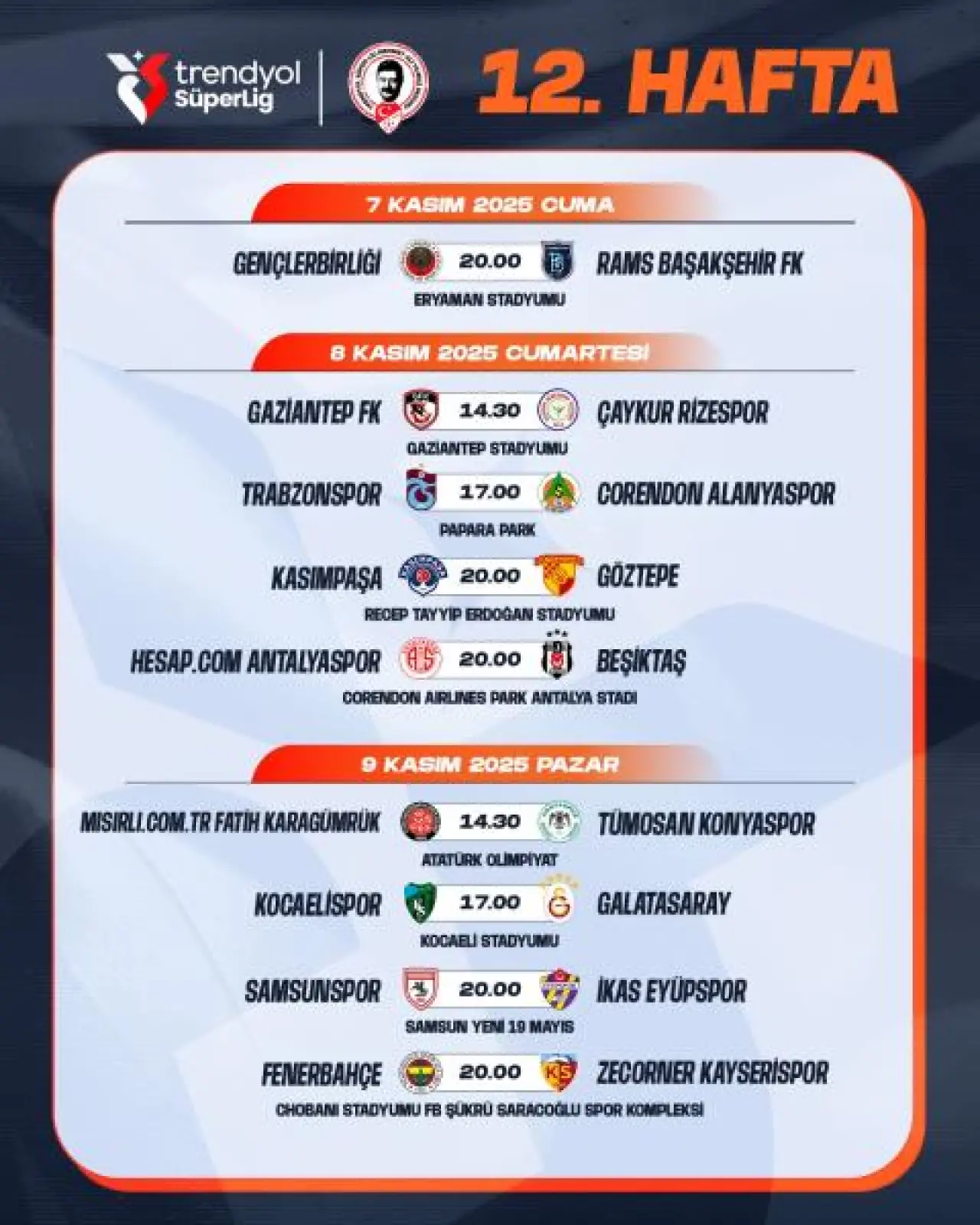 Trendyol Süper Lig’de 7. Haftadan 16. Haftaya kadar maç programı belli oldu! 7