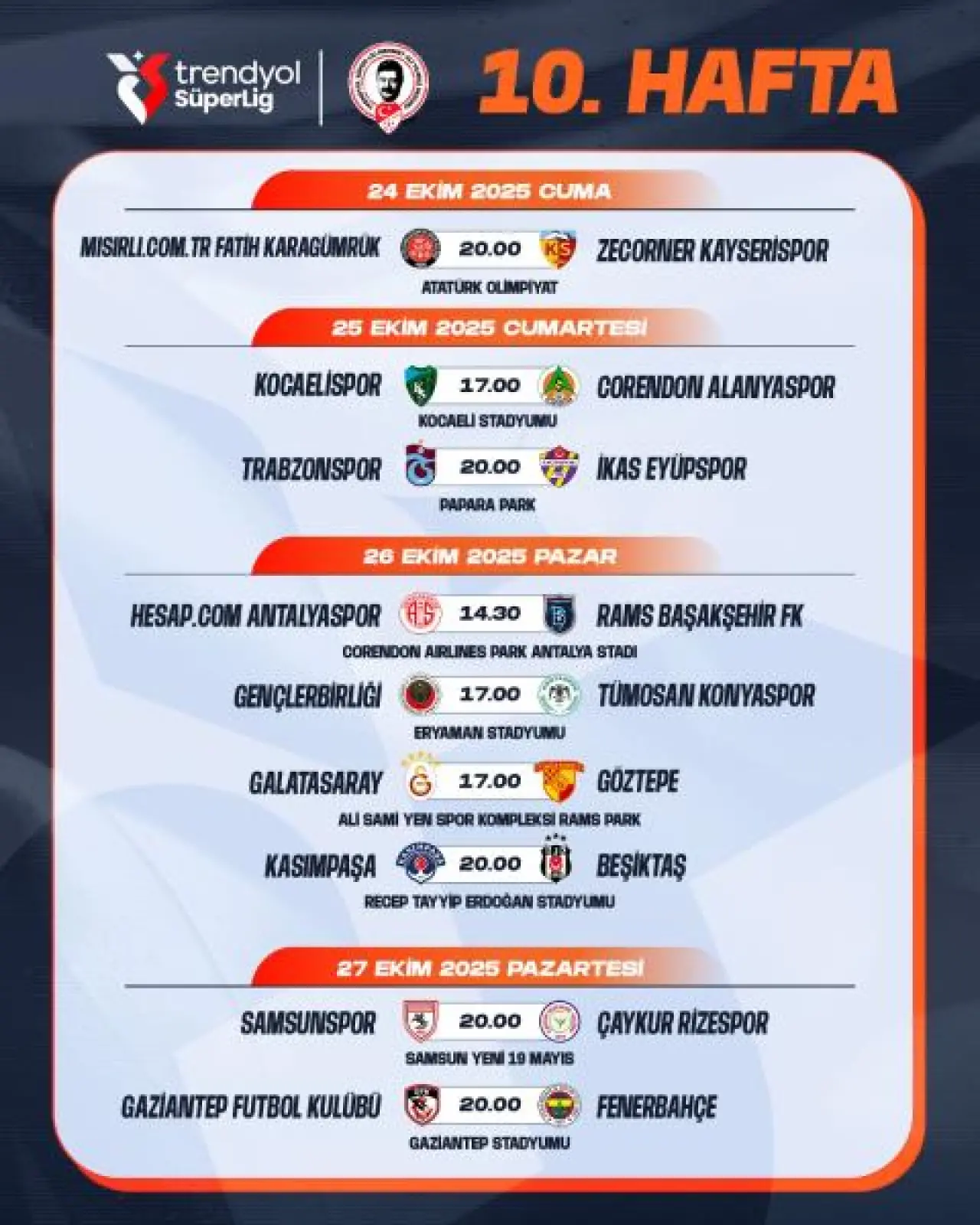 Trendyol Süper Lig’de 7. Haftadan 16. Haftaya kadar maç programı belli oldu! 5