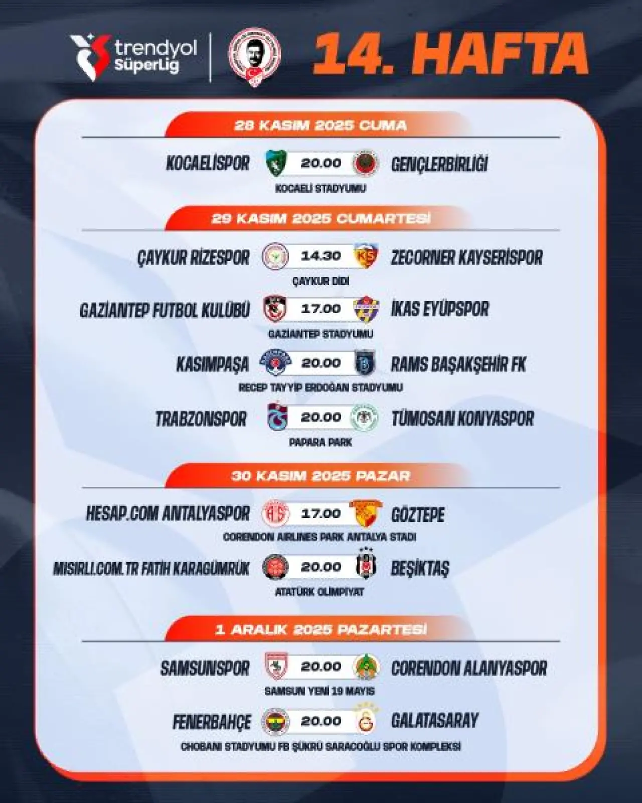 Trendyol Süper Lig’de 7. Haftadan 16. Haftaya kadar maç programı belli oldu! 1