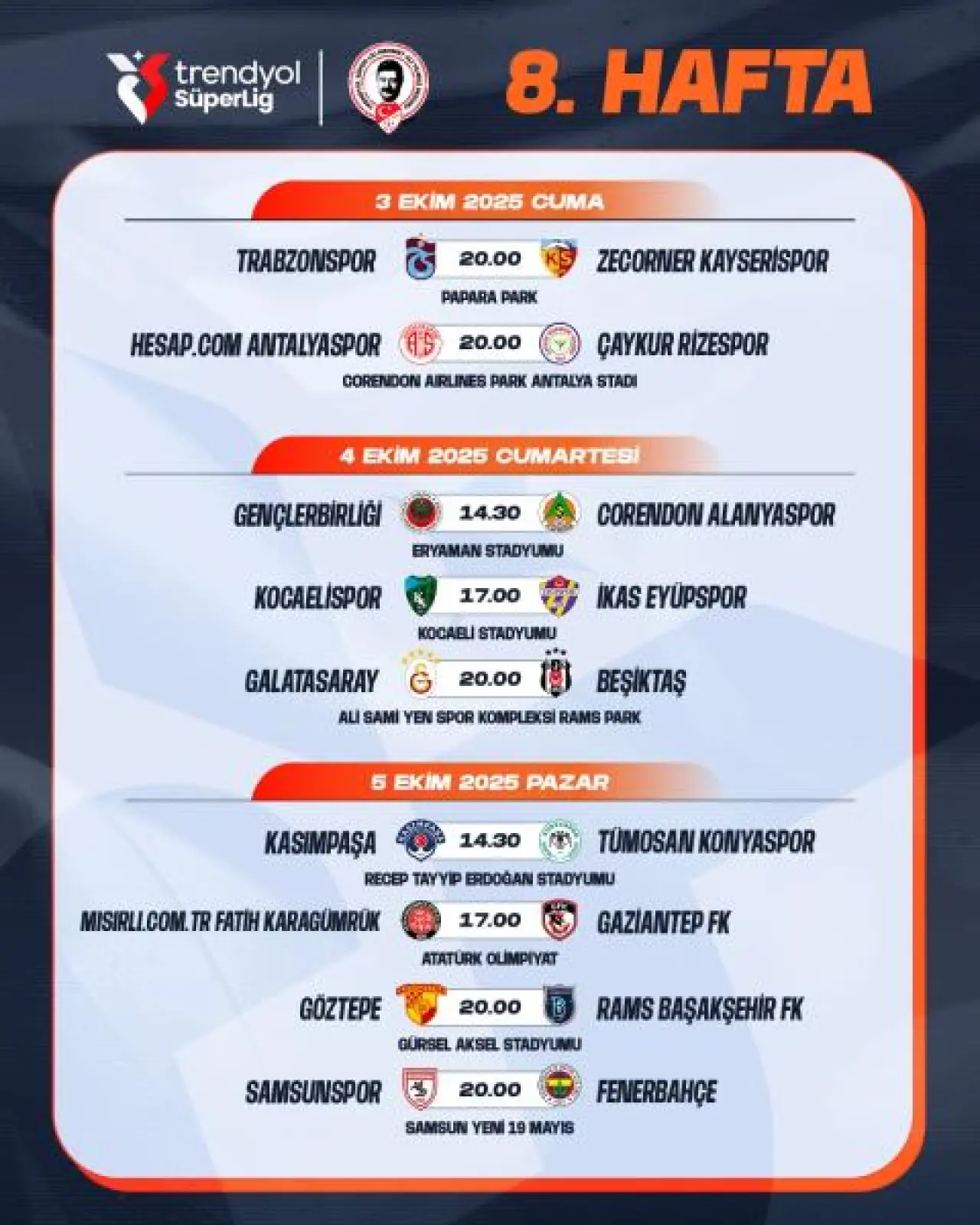 Trendyol Süper Lig’de 7. Haftadan 16. Haftaya kadar maç programı belli oldu! 3