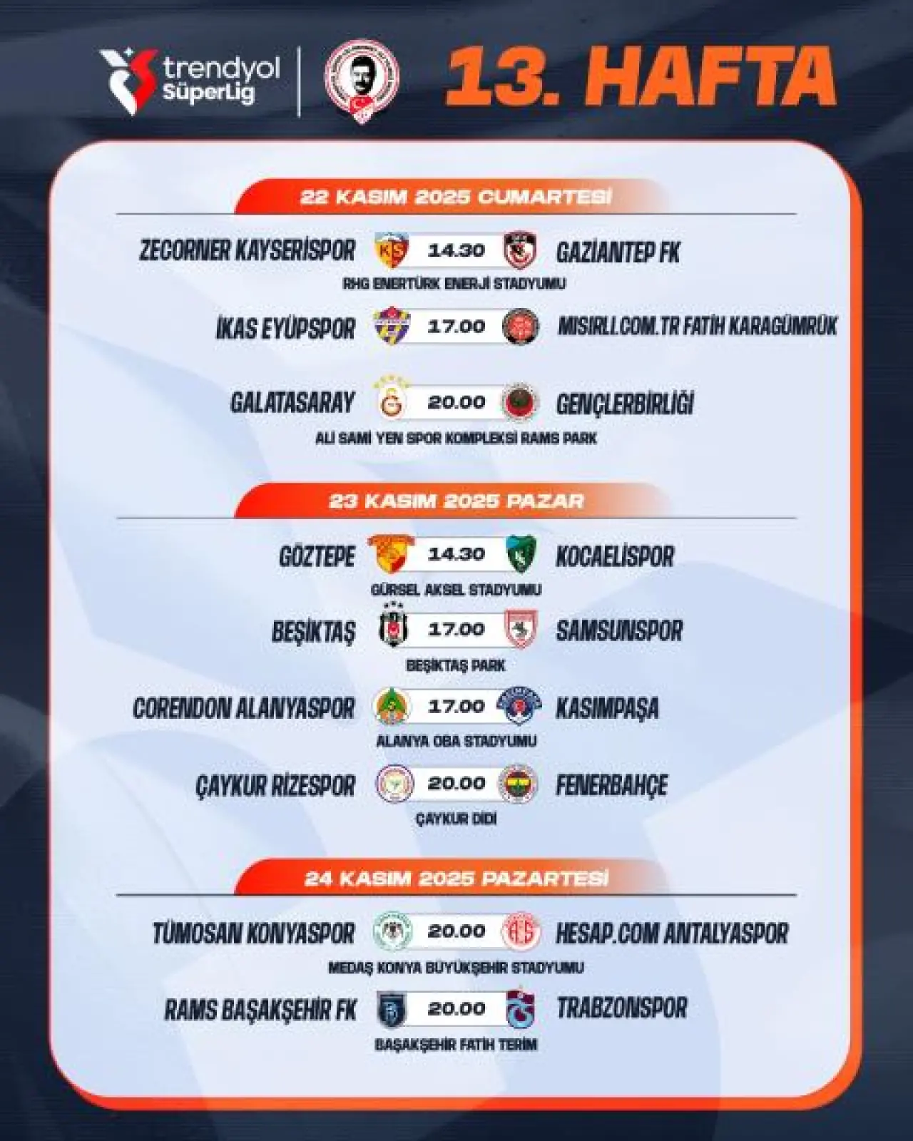 Trendyol Süper Lig’de 7. Haftadan 16. Haftaya kadar maç programı belli oldu! 8