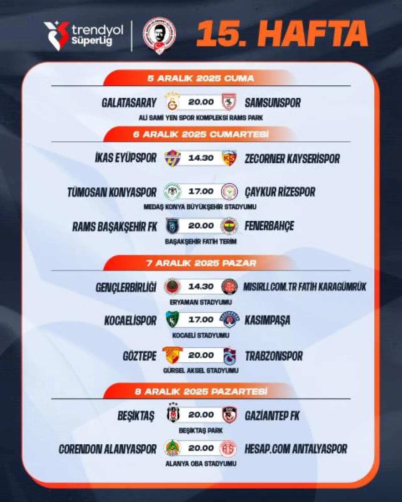 Trendyol Süper Lig’de 7. Haftadan 16. Haftaya kadar maç programı belli oldu! 10