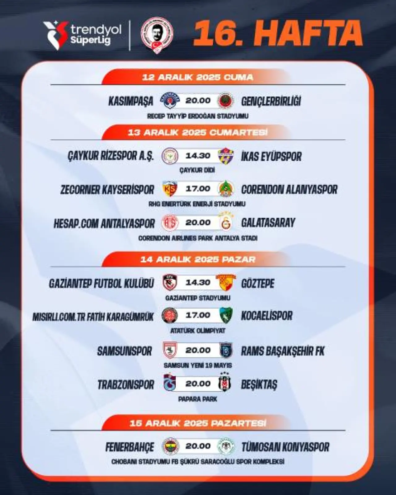 Trendyol Süper Lig’de 7. Haftadan 16. Haftaya kadar maç programı belli oldu! 11