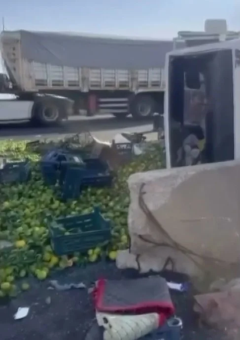 Gaziantep'te viyadük üzerinde mandalina yüklü kamyon devrildi 1