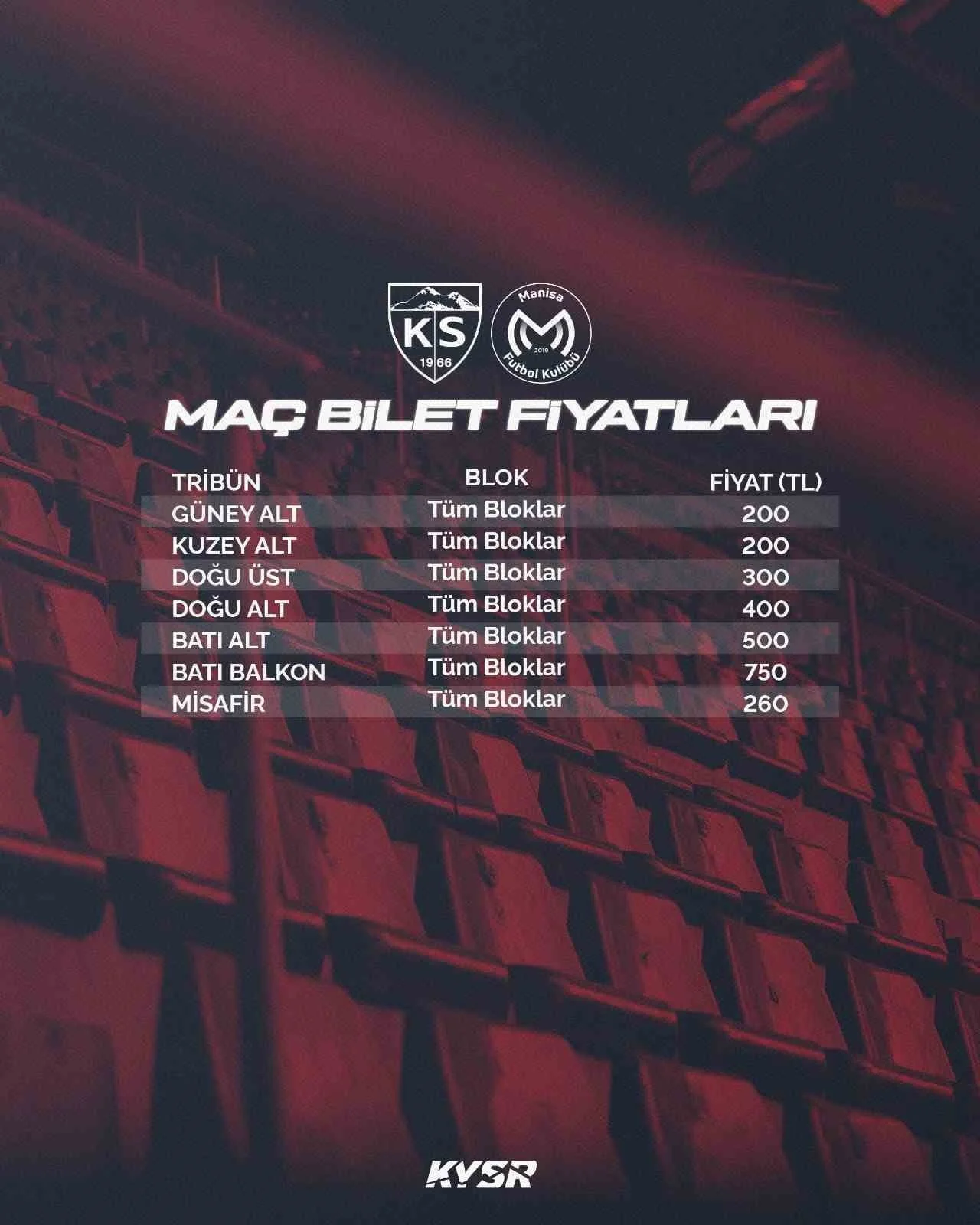 TFF 1. LİG'DE KAYSERİSPOR İLE MANİSA FK ARASINDA OYNANACAK MÜSABAKANIN BİLET FİYATLARI BELLİ...