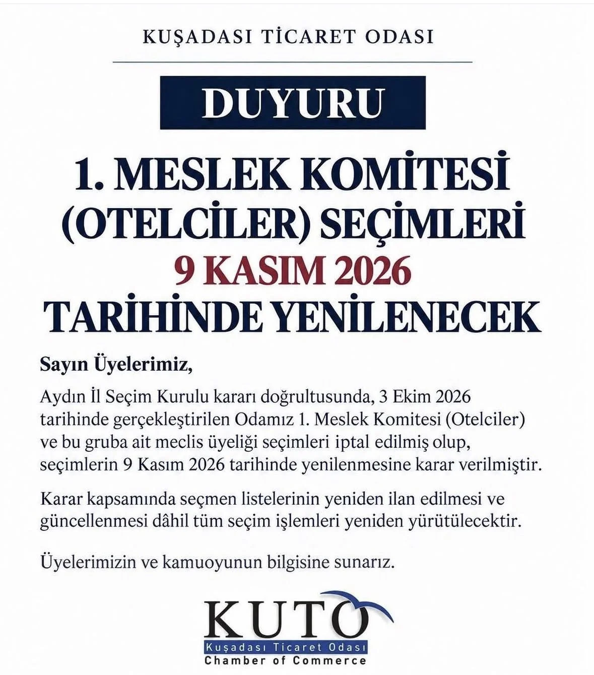 KUTO’DA OTELCİLER KOMİTESİ SEÇİMİ YENİLENECEK