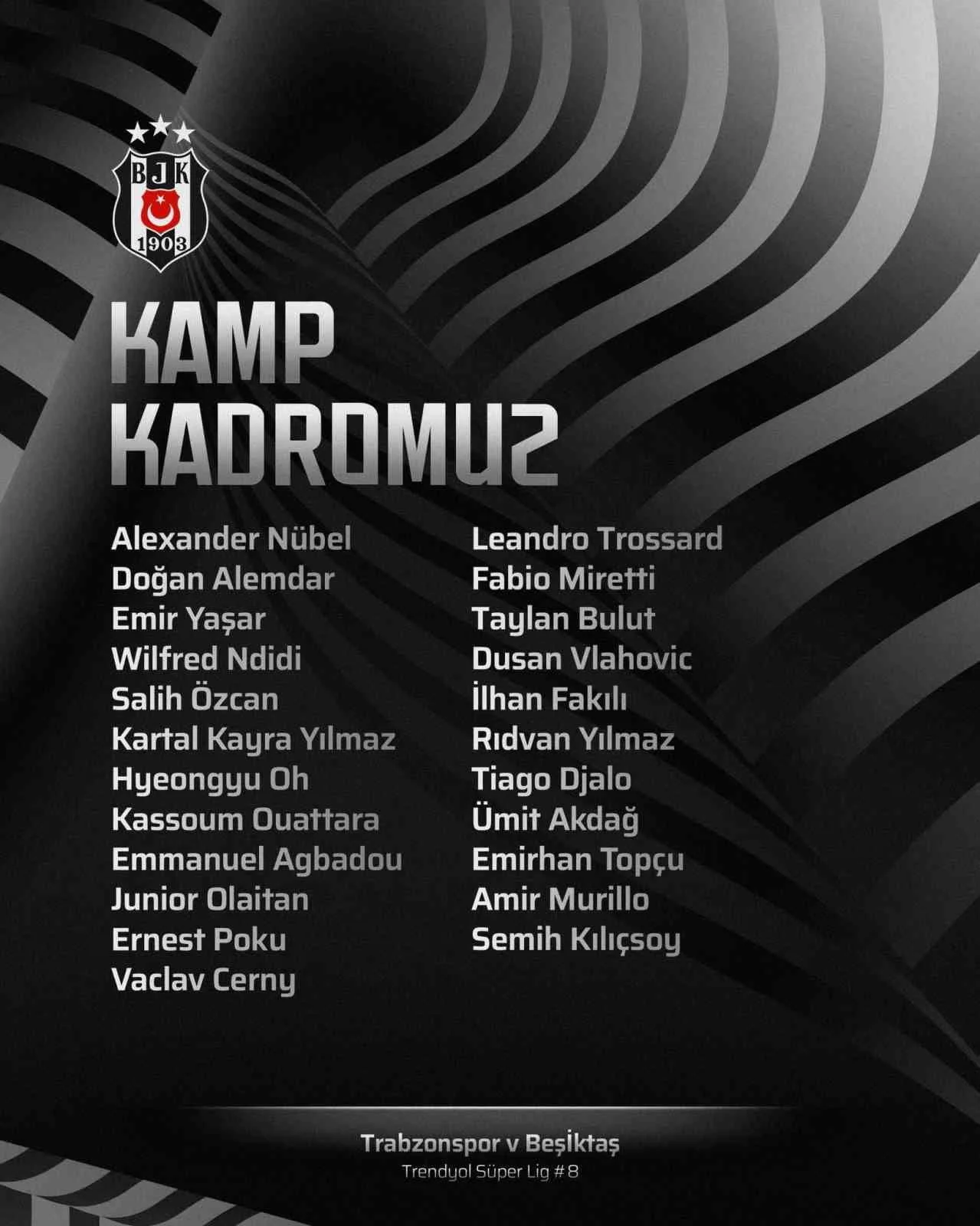 BEŞİKTAŞ'IN, TRABZONSPOR MAÇI KAMP KADROSU BELLİ OLDU