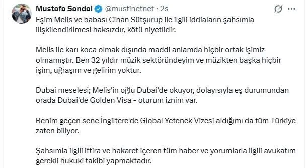MUSTAFA SANDAL'IN AÇIKLAMASI